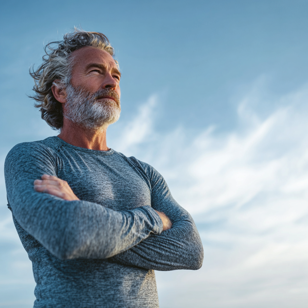 Confident middle-aged man in peak physical condition overlooking horizon