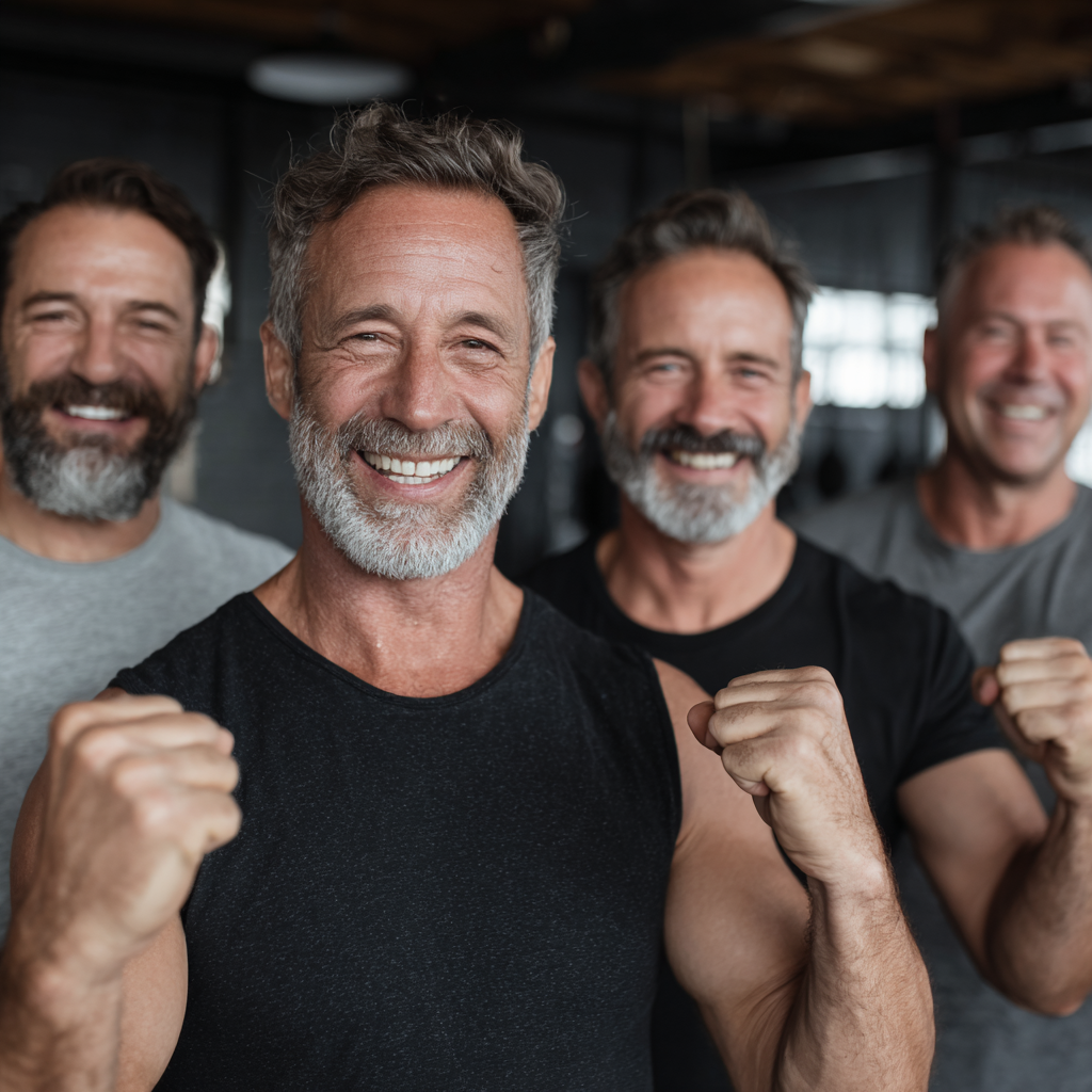 Group of middle-aged men celebrating fitness achievements together