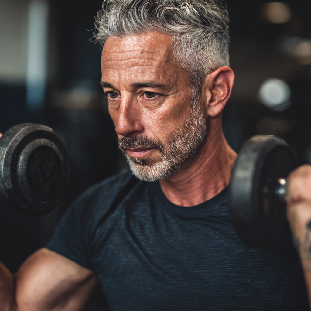 Middle-aged man engaged in focused strength training session